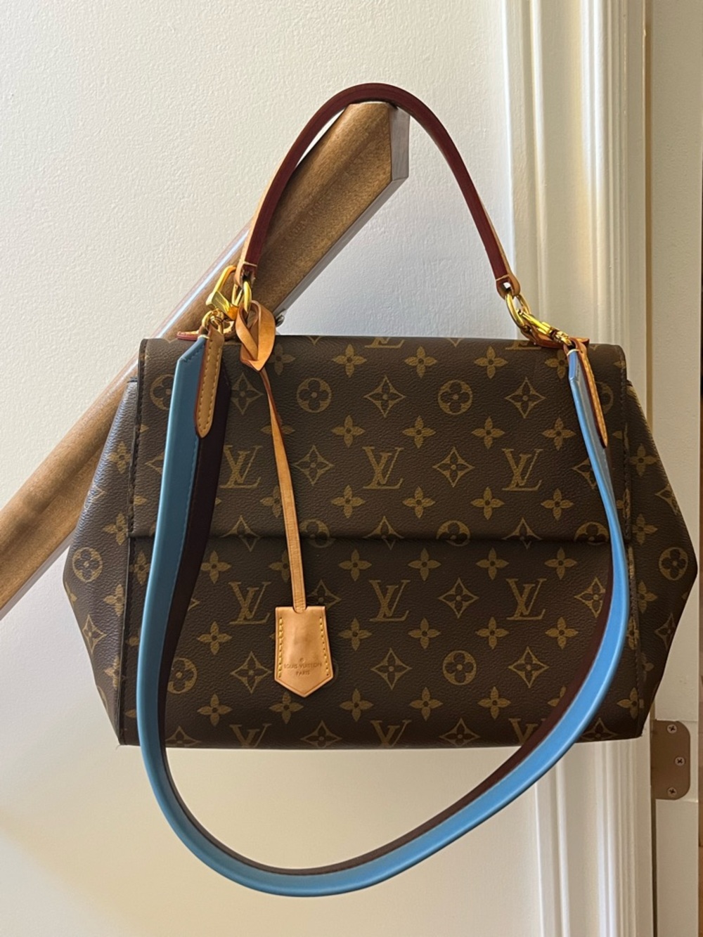 Louis Vuitton Monogram Cluny MM Canvas Shoulder Bag with Blue Trim